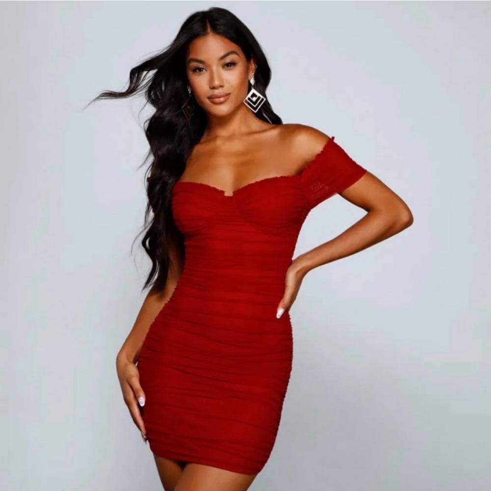 Off the shoulder red ruched mini dress sweet and stunning